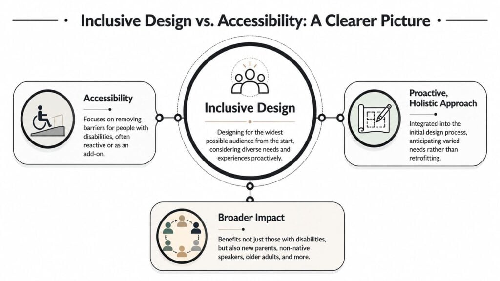 A diagram contrasting accessibility and inclusive design principles, highlighting their proactive and holistic impact on users.