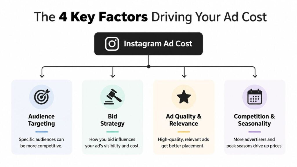 A diagram outlining the four primary factors that influence the cost of advertising on Instagram.