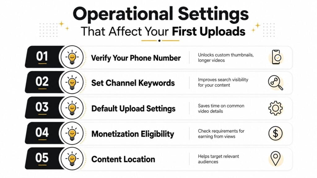 A list of five essential operational settings for setting up a new YouTube channel for success.
