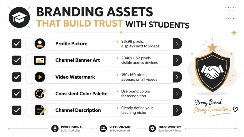 An infographic showing five essential branding assets like profile picture and banner art for building student trust.