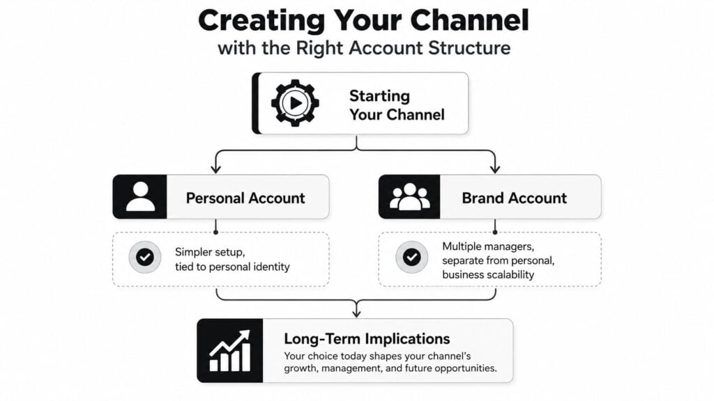 A diagram comparing Personal and Brand YouTube accounts to help creators choose the right channel structure.