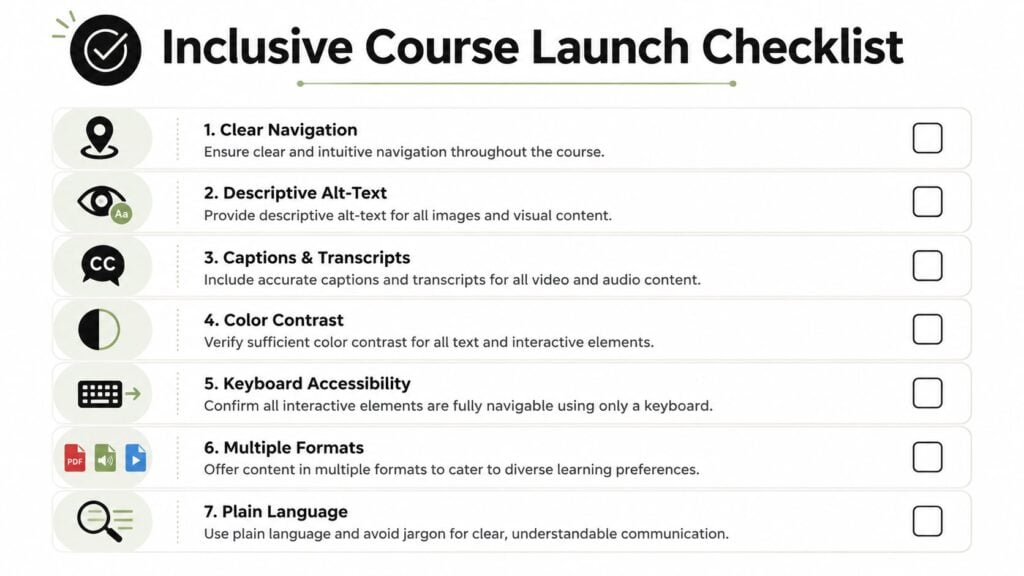 A checklist titled Inclusive Course Launch Checklist containing seven accessibility best practices for educational course content design.