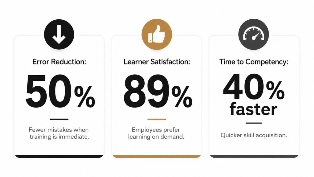 A graphic showing three key business benefits of training: 50% error reduction, 89% learner satisfaction, and 40% faster competency.