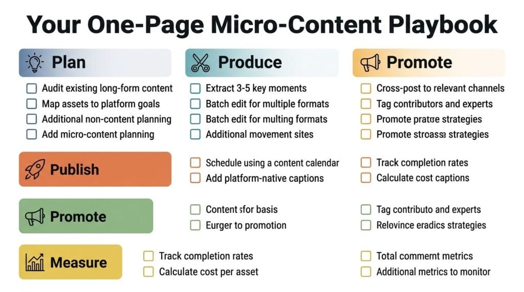 A checklist titled Your One-Page Micro-Content Playbook detailing steps to plan, produce, publish, promote, and measure content.