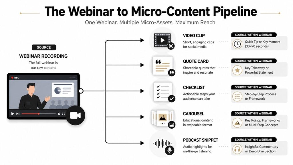 A diagram illustrating how to repurpose a single webinar recording into various micro-content formats for social media.