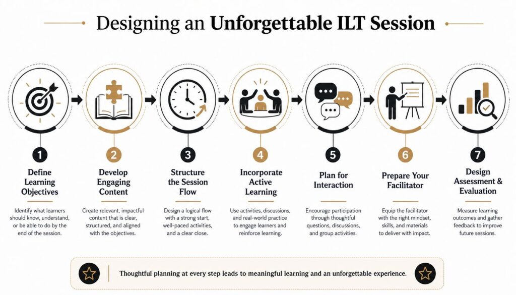 A seven-step process infographic for designing an unforgettable instructor-led training session, from setting objectives to final evaluation.