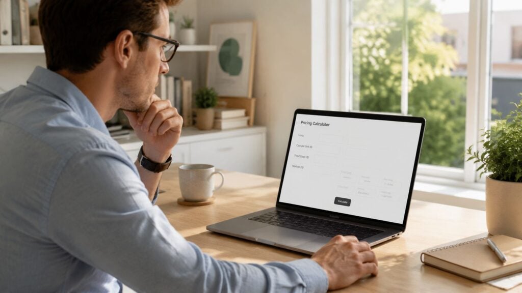A professional man sitting at a desk using a laptop to view a business pricing calculator interface.