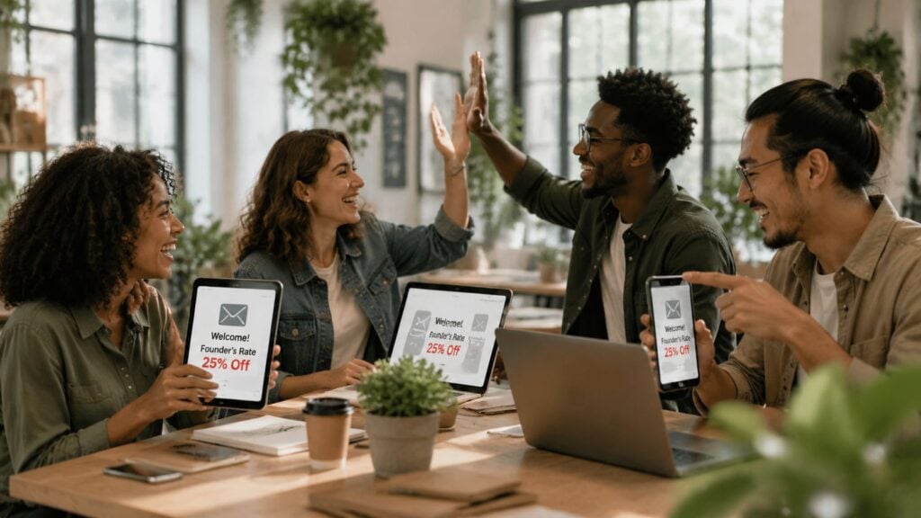A diverse group of colleagues celebrating their project success at a shared office workspace together.