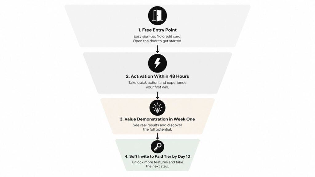A four-step funnel diagram illustrating the process to monetize an online community through user engagement strategies.