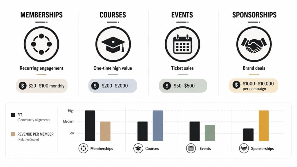 A visual comparison infographic showing four ways to monetize online communities: memberships, courses, events, and sponsorships.