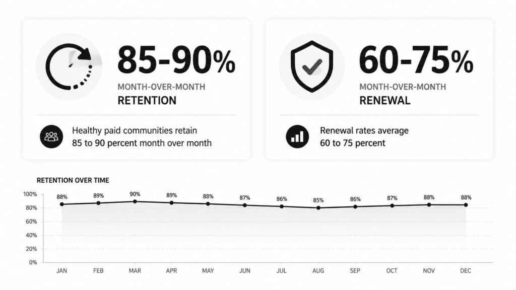 A chart showing month-over-month retention and renewal rates for healthy paid online communities.
