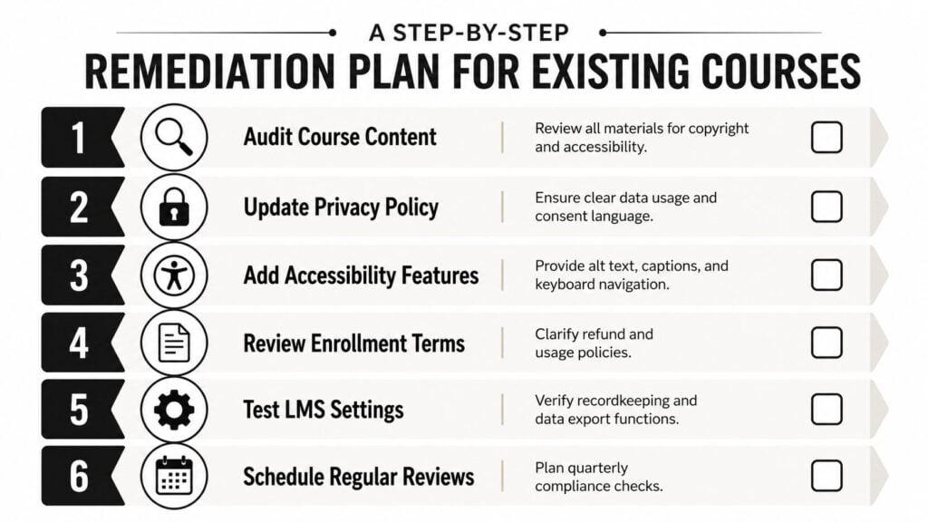 A six-step infographic detailing a remediation plan for updating existing online courses for compliance.