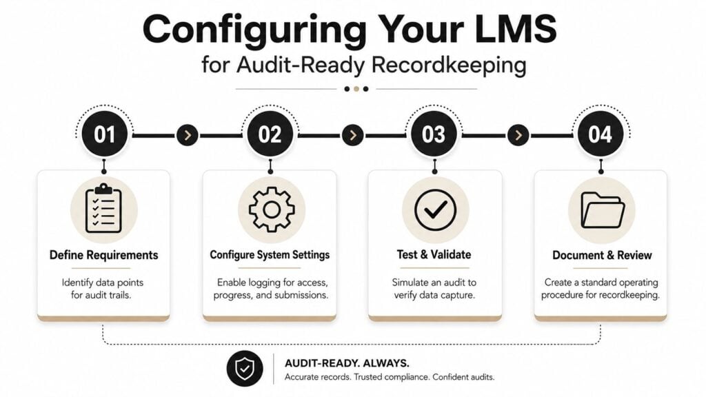 A four-step infographic illustrating the process of configuring an LMS system for audit-ready recordkeeping and compliance.