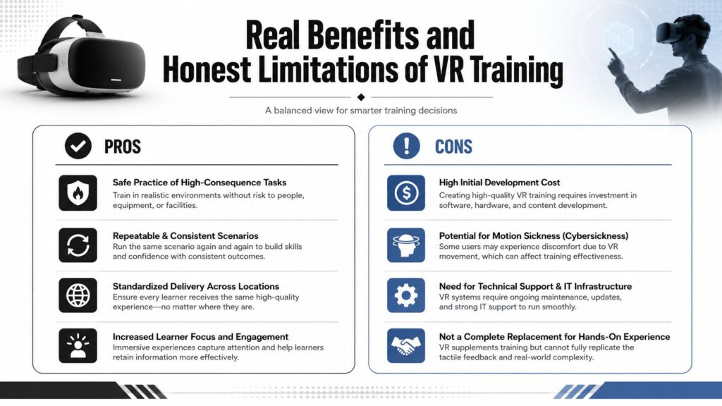 An infographic comparing the key pros and cons of implementing virtual reality training for professional development.