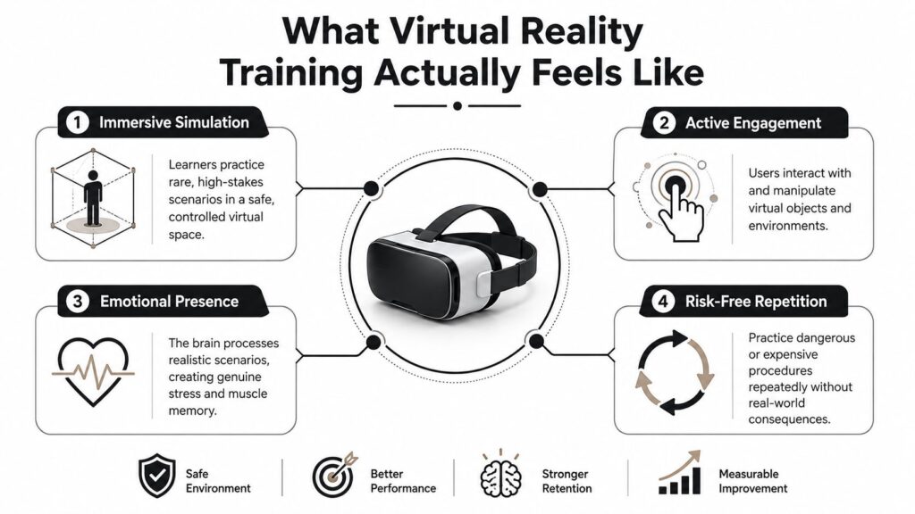An infographic illustrating four key benefits of virtual reality training including immersive simulation and risk-free repetition.