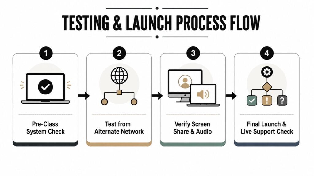 A four-step infographic illustrating a testing and launch process flow for virtual classrooms and online sessions.