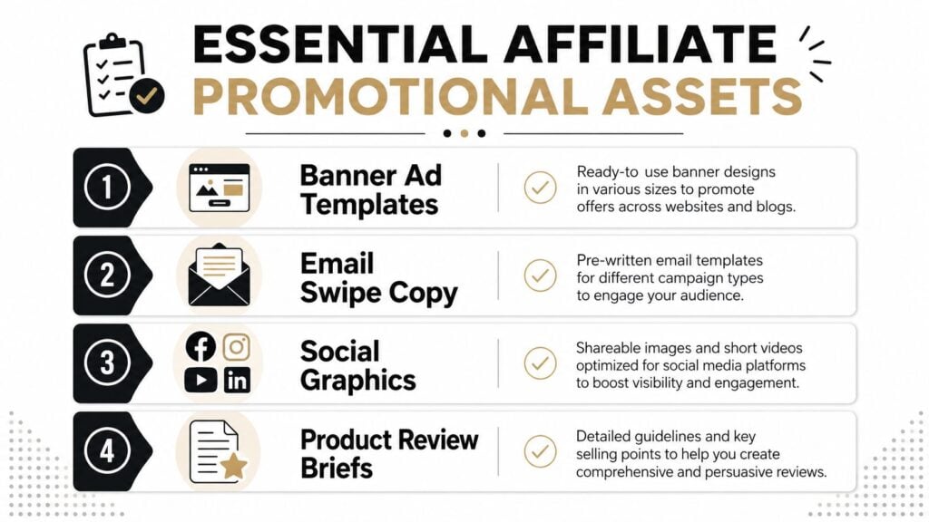 An infographic list showing four essential affiliate promotional assets including banner templates, email copy, social graphics, and briefs.