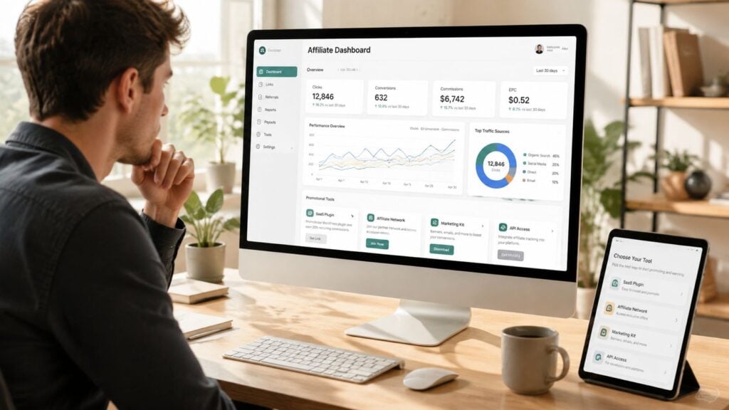 A professional man viewing an affiliate marketing dashboard on a computer screen in a bright home office.