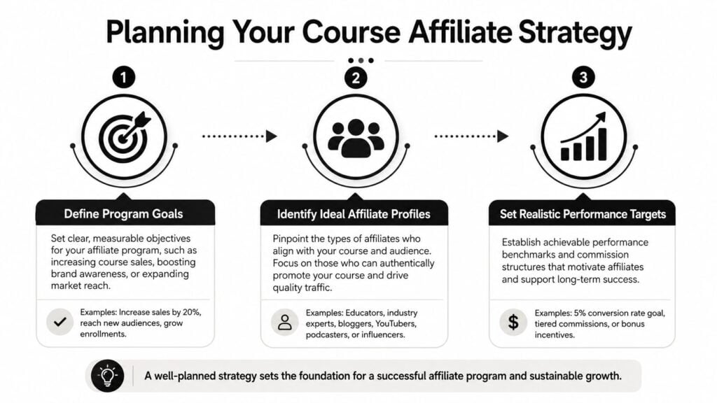 A three-step infographic showing how to plan a course affiliate marketing strategy with goals, profiles, and targets.
