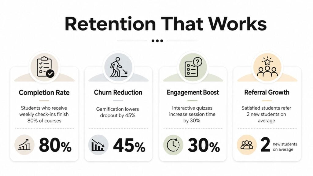 An infographic titled Retention That Works, showing statistics for course completion, churn reduction, engagement, and student referrals.