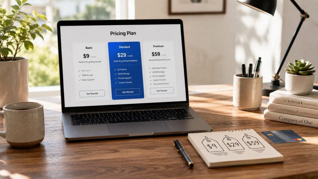 A laptop on a wooden desk displaying three different pricing plan options for an online subscription service.