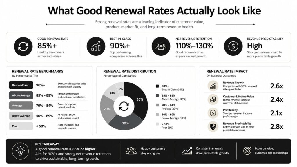 An infographic showing renewal rate benchmarks, distribution, and business impact for SaaS companies and business growth.