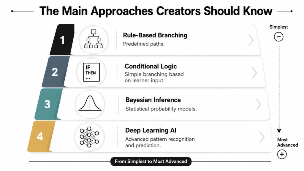 A four-step infographic illustrating adaptive learning approaches from simplest rule-based branching to advanced deep learning AI.