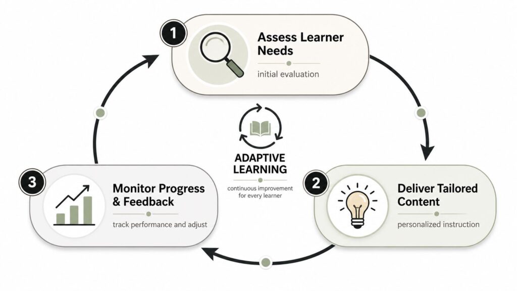 A circular diagram illustrating the three steps of the adaptive learning process for continuous improvement in education.