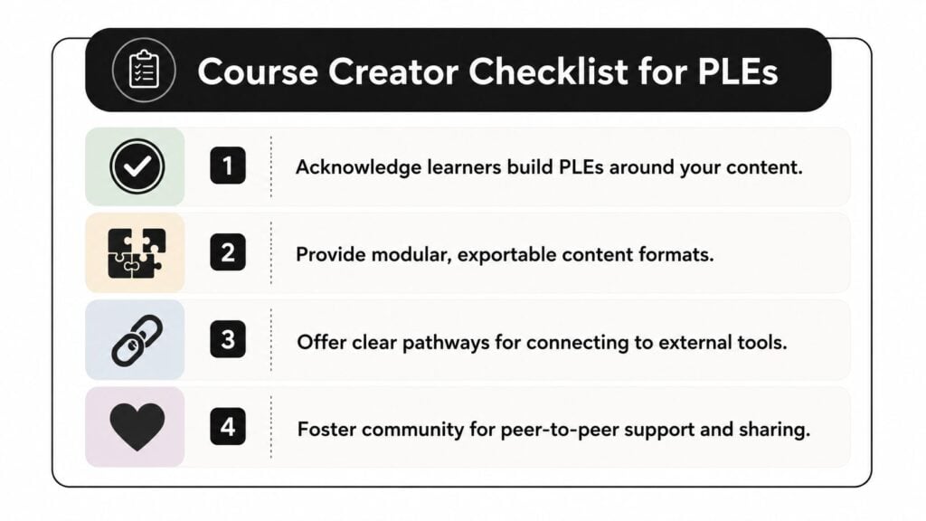 A four-point checklist for course creators focused on helping learners build personal learning environments effectively.