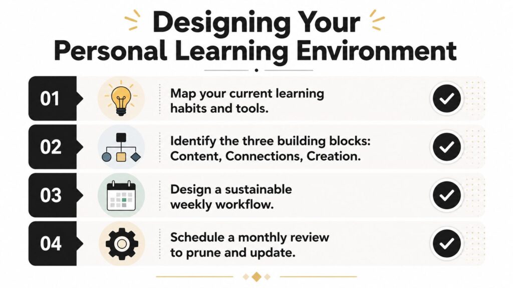A four-step infographic guide titled Designing Your Personal Learning Environment with icons for each step.