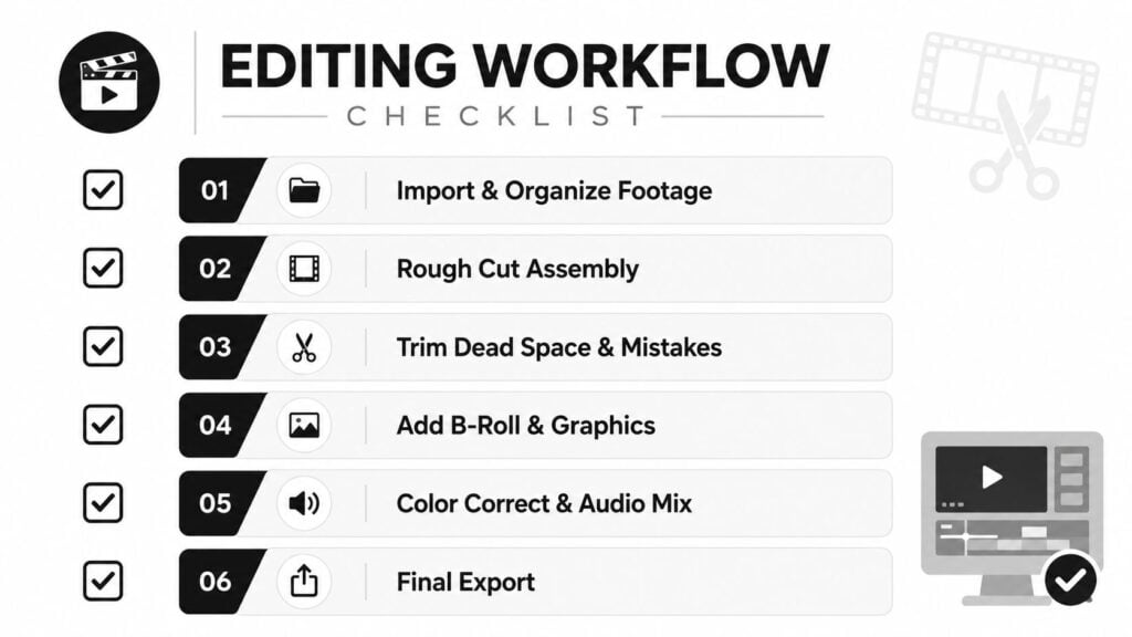 A video editing workflow checklist graphic outlining six essential steps for professional video production and post-processing tasks.