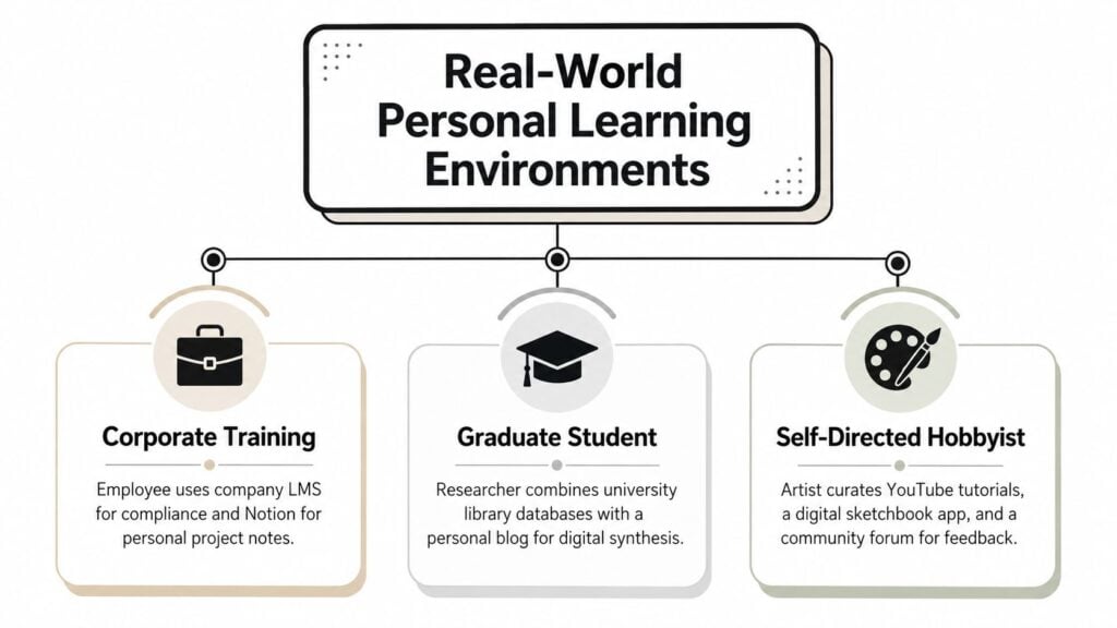 A diagram illustrating three real-world personal learning environment examples for corporate training, graduate students, and hobbyists.