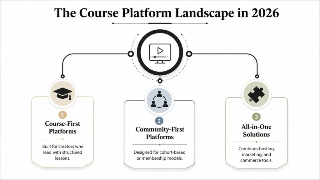 A chart illustrating the three main types of course platforms: Course-First, Community-First, and All-in-One solutions.