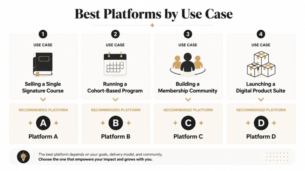 A comparison chart showing the best platforms for selling courses, cohorts, communities, and digital product suites.