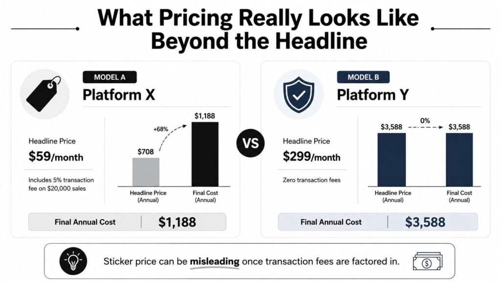 A comparative infographic showing how transaction fees impact the true annual cost of pricing models.