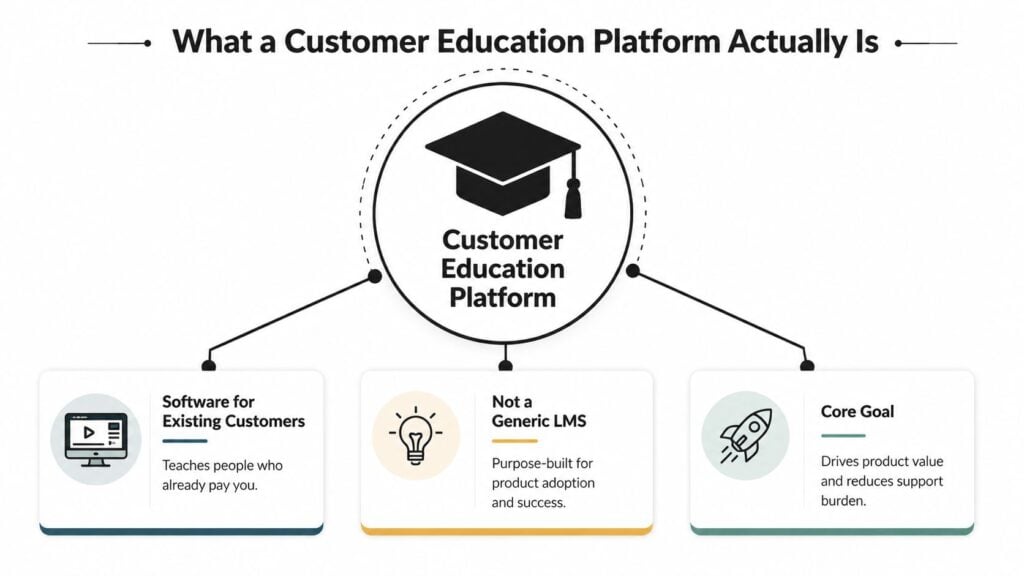 A diagram explaining the definition, purpose, and core goals of a customer education platform for businesses.