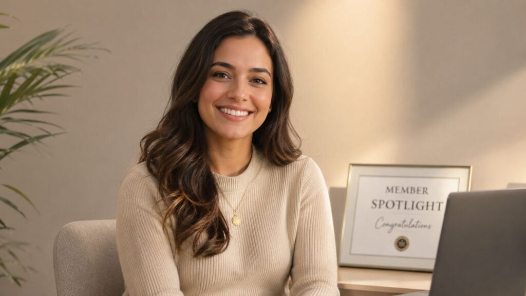 A smiling young woman sits at a desk next to a framed member spotlight award.
