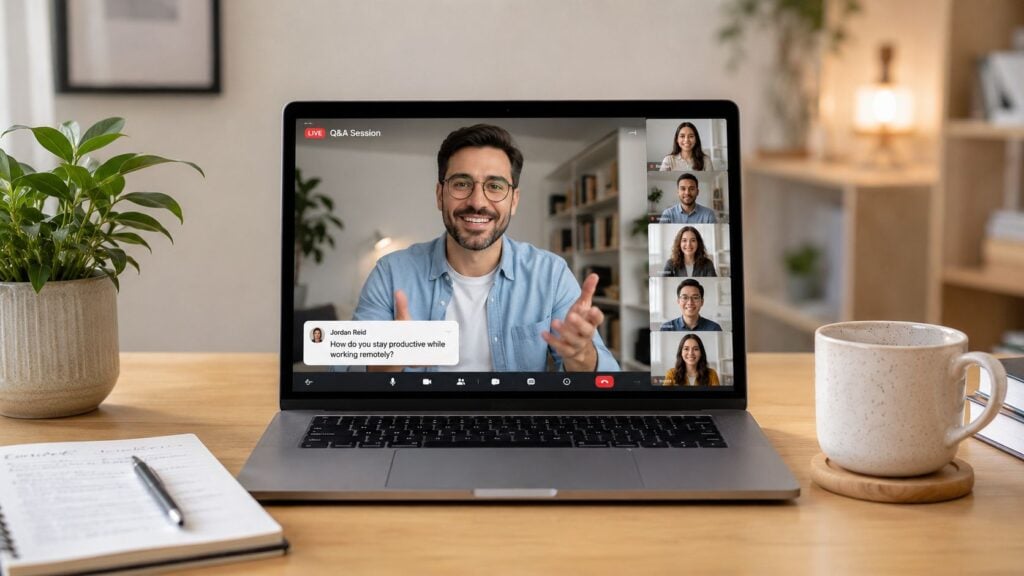 A man participating in a live online video conference Q&A session on a laptop screen.