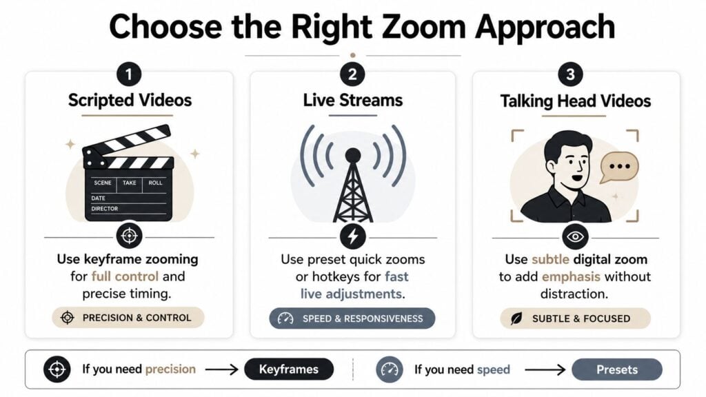 An infographic showing three different video production approaches including scripted videos, live streams, and talking head videos.