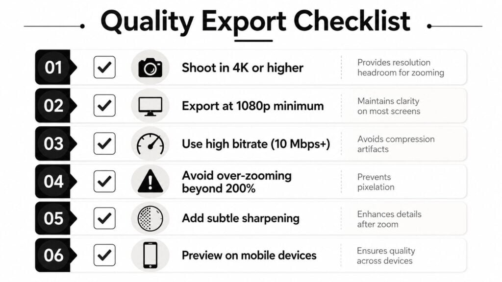 A Quality Export Checklist infographic outlining six essential video production steps for high-quality zoom-in video content.