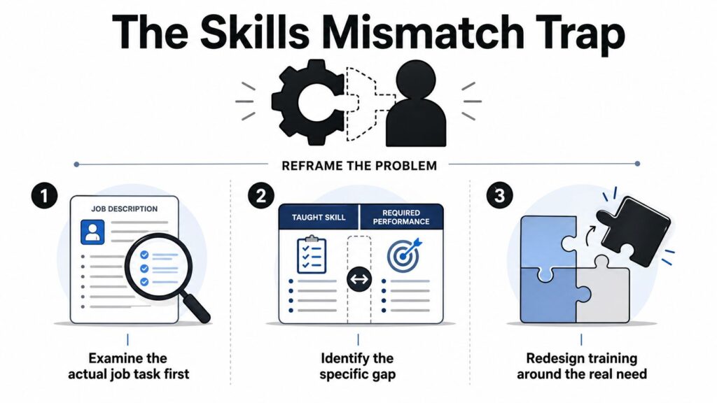 A three-step infographic illustrating how to overcome the skills mismatch trap in corporate training programs.