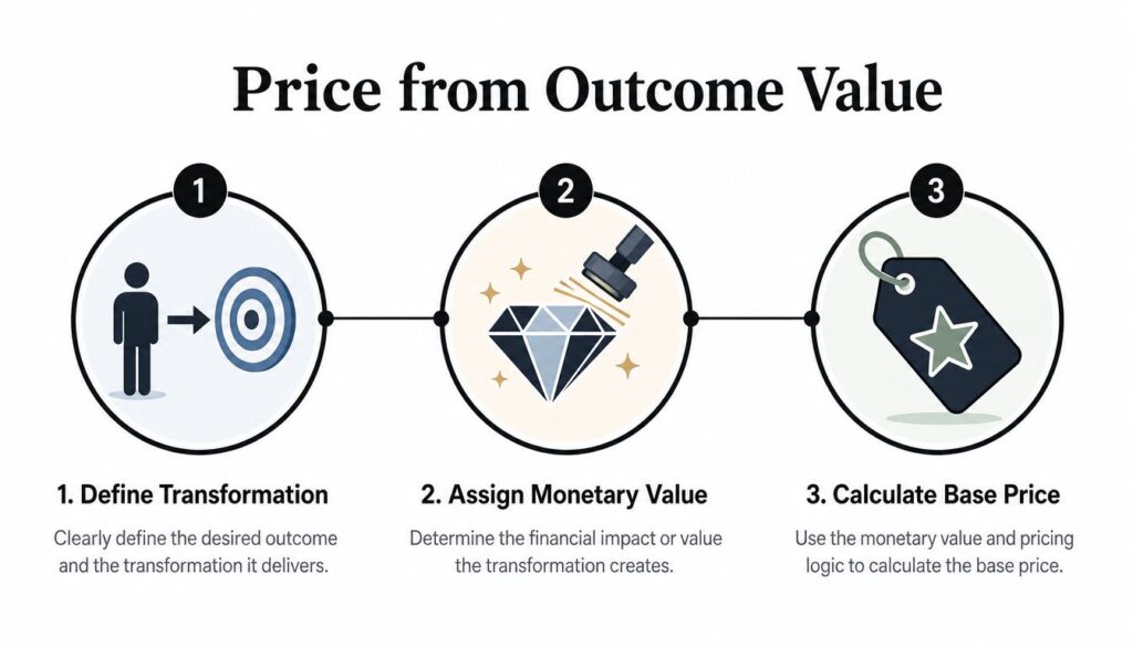 A three-step infographic showing how to price based on outcome value for an online course business strategy.