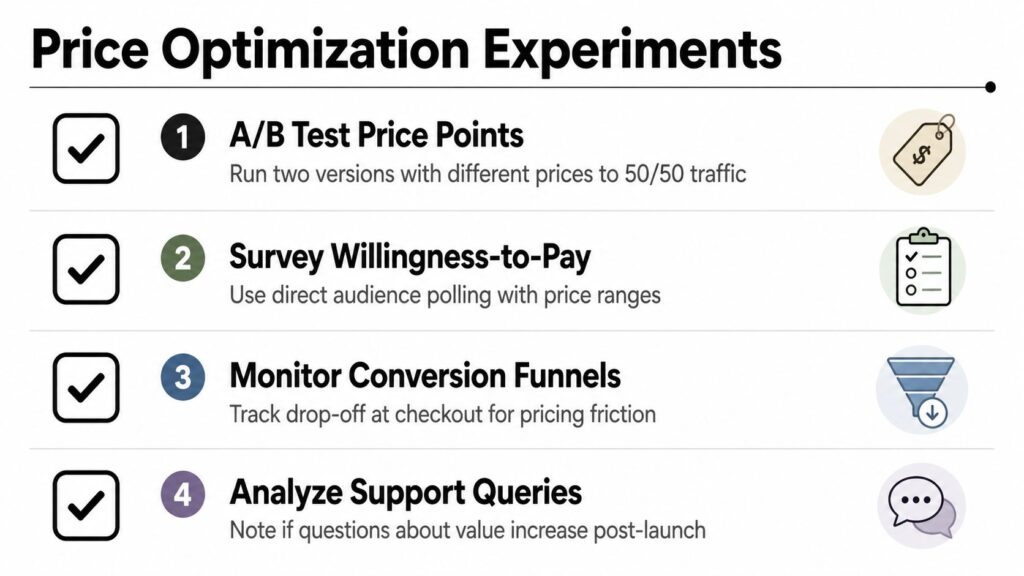 A list of four price optimization experiments including A/B testing, audience surveys, conversion funnel monitoring, and support analysis.