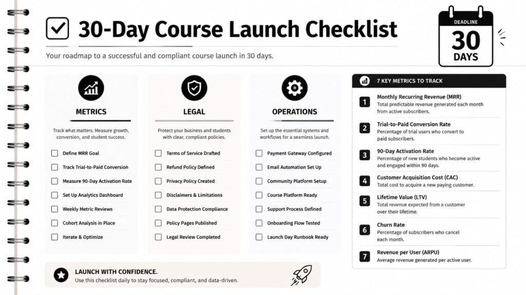 A 30-day course launch checklist including metrics, legal requirements, operational tasks, and key performance indicators to track.