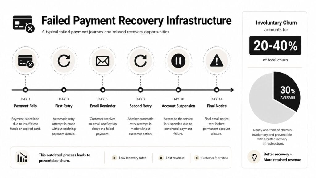 A diagram illustrating a failed payment recovery infrastructure timeline and the impact of involuntary churn on businesses.