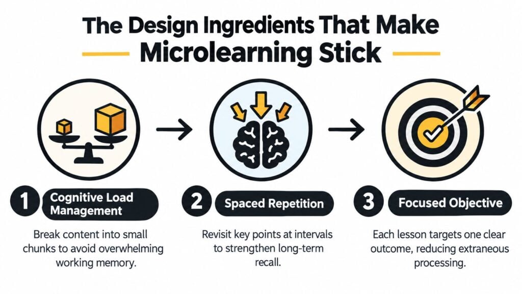 A diagram illustrating three key design principles to make microlearning effective: cognitive load management, spaced repetition, and focused objectives.