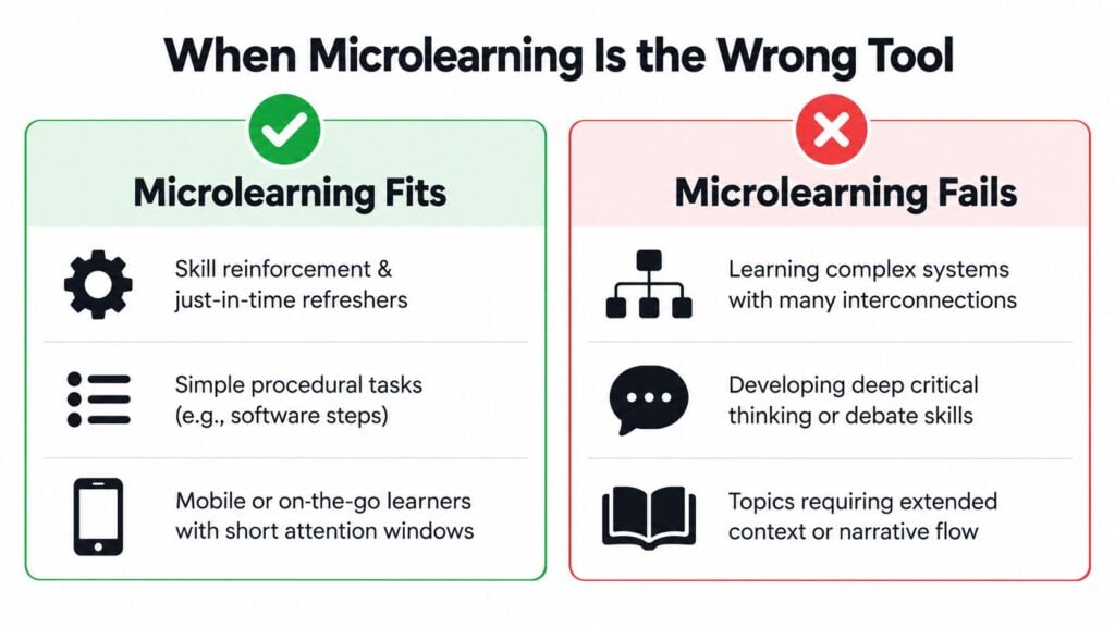 An infographic comparing when microlearning is effective versus when it fails for different training scenarios.