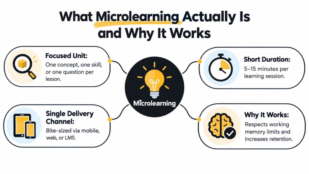 An infographic titled What Microlearning Actually Is explaining its focused units, short duration, delivery channels, and benefits.