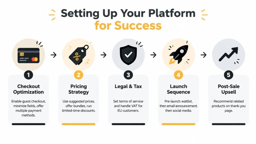 A five-step guide for setting up a digital platform, covering checkout, pricing, legal, launch, and upsell strategies.