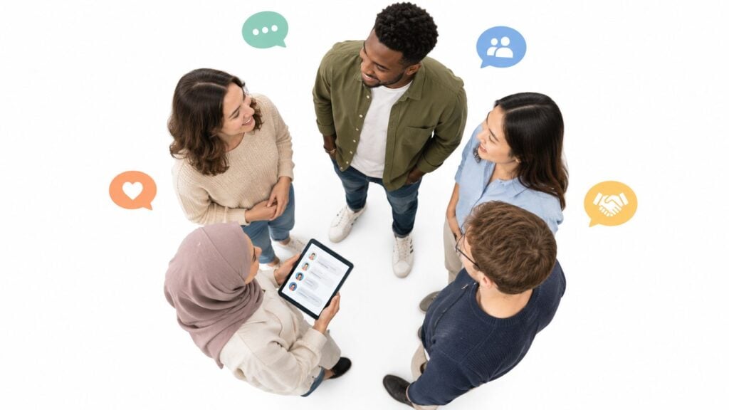A diverse group of students standing in a circle and discussing information on a digital tablet.